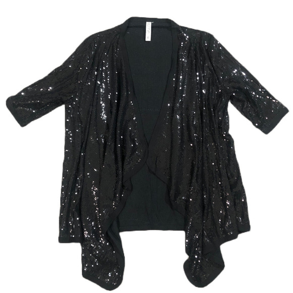Kische Sweaters - Kische Black Sequin Open Waterfall Cascade Front Cardigan Small